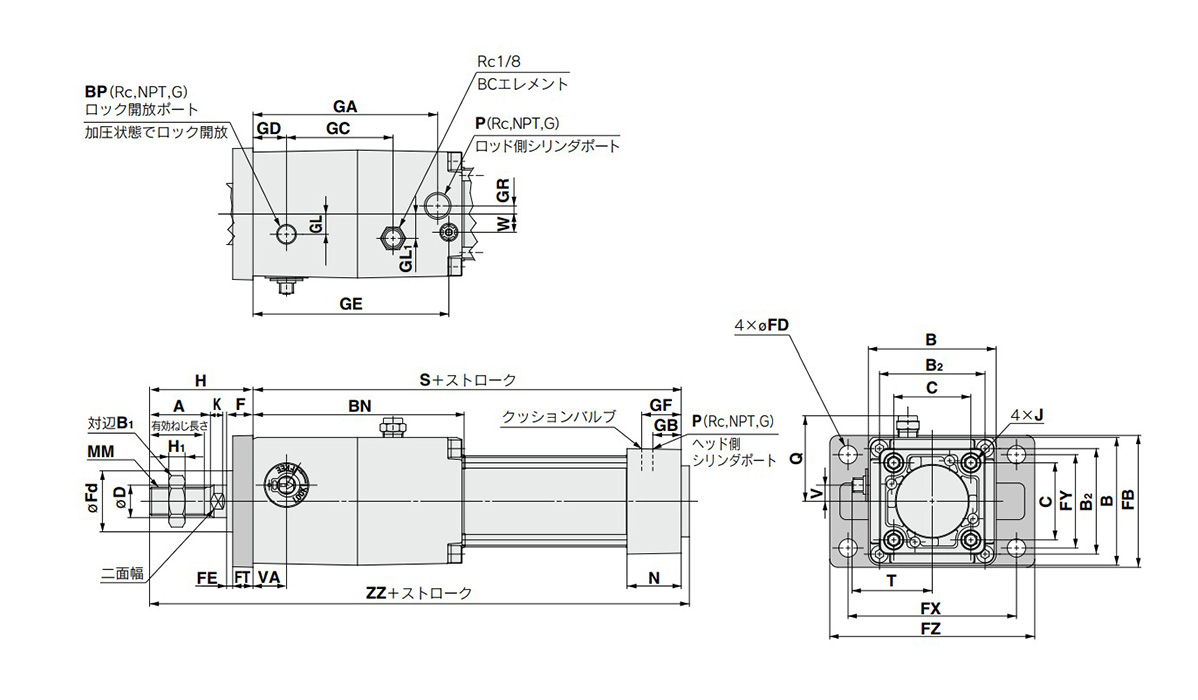 Rod-end flange type (F): MNBF dimensional drawing