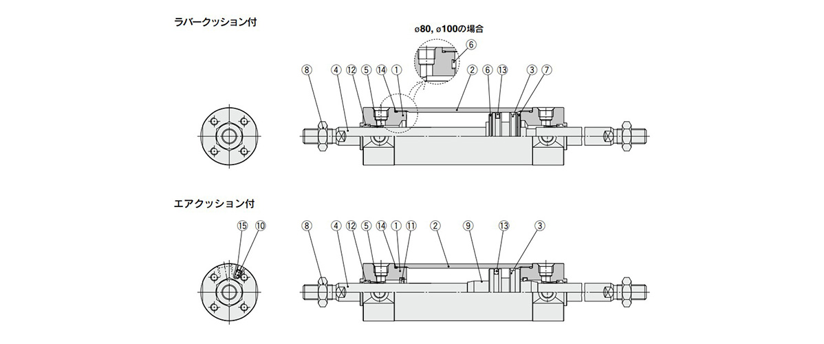 Diagram: CG1W Series Standard Type Double Acting, Double Rod Air Cylinder