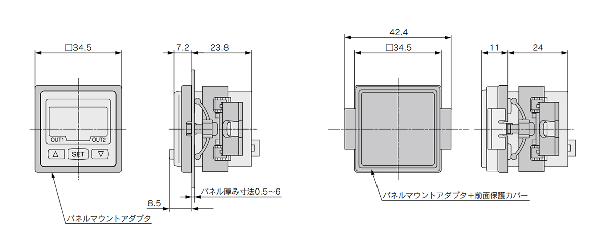 Dimensional drawing with panel-mount adapter (left figure) and with panel-mount adapter + front protective cover (right figure)