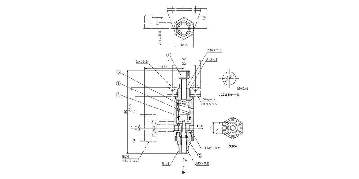 Diagram / Dimensional Drawing: ARJ210 Series Miniature Regulator