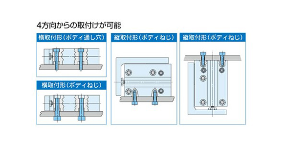 External dimensions, workpiece mounting dimensions and cylinder mounting dimensions are the same as the conventional product; mounting is possible from 4 directions.