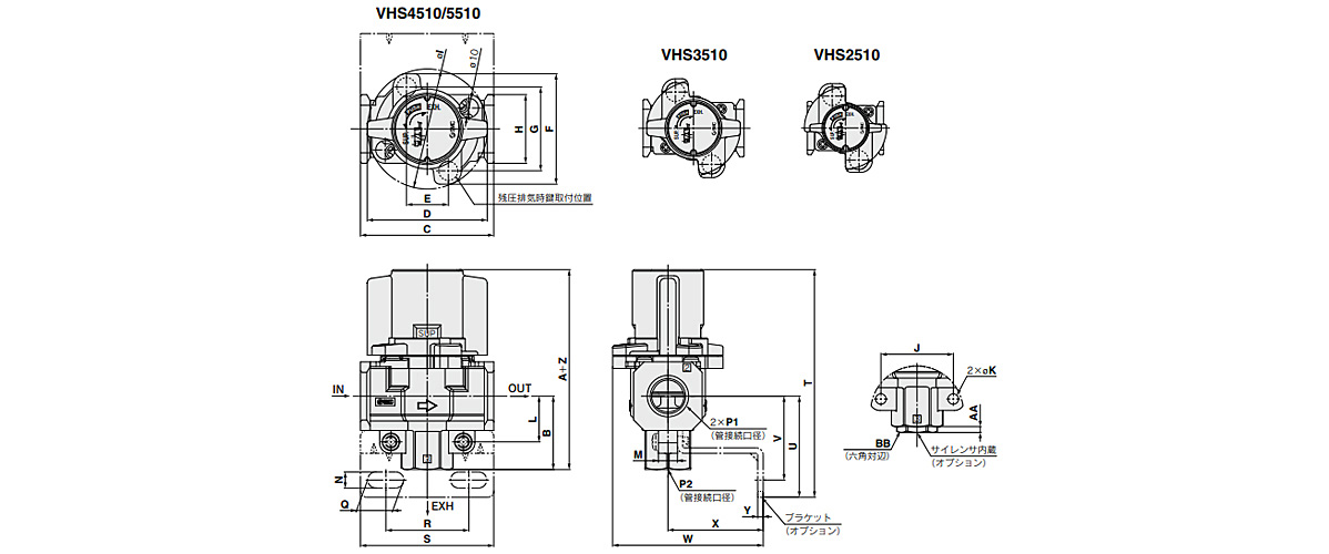 Conforming To OSHA Standard, Pressure Relief 3-Port Valve (Double Action) With Locking Holes, VHS2510/3510/4510/5510 Series: dimensional drawing