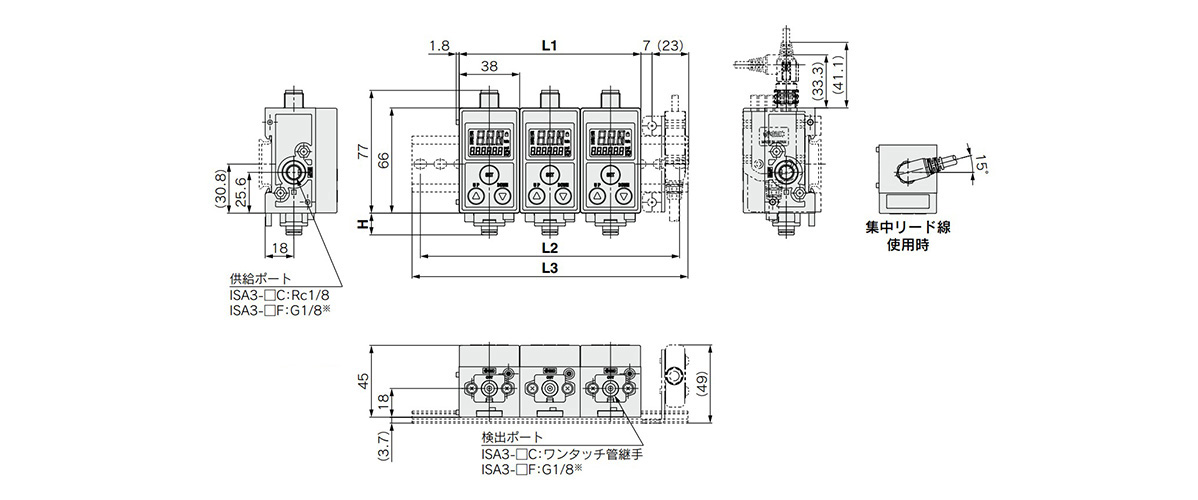 Dimensions: ISA3-□□ (DIN rail mounted)