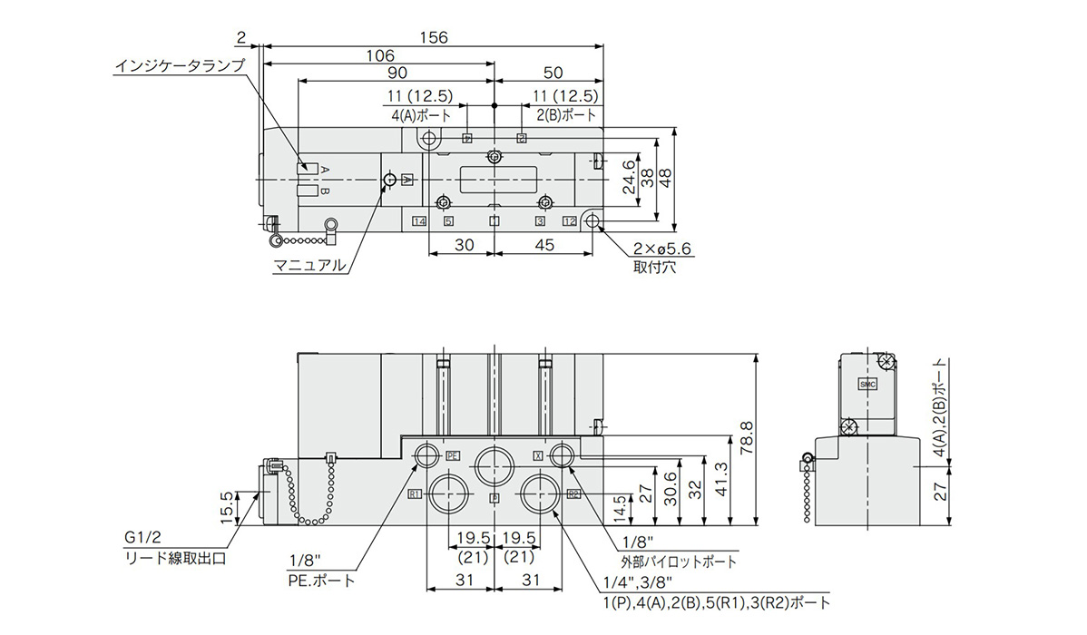 2-position single: VQ4100/1-□ dimensional drawing