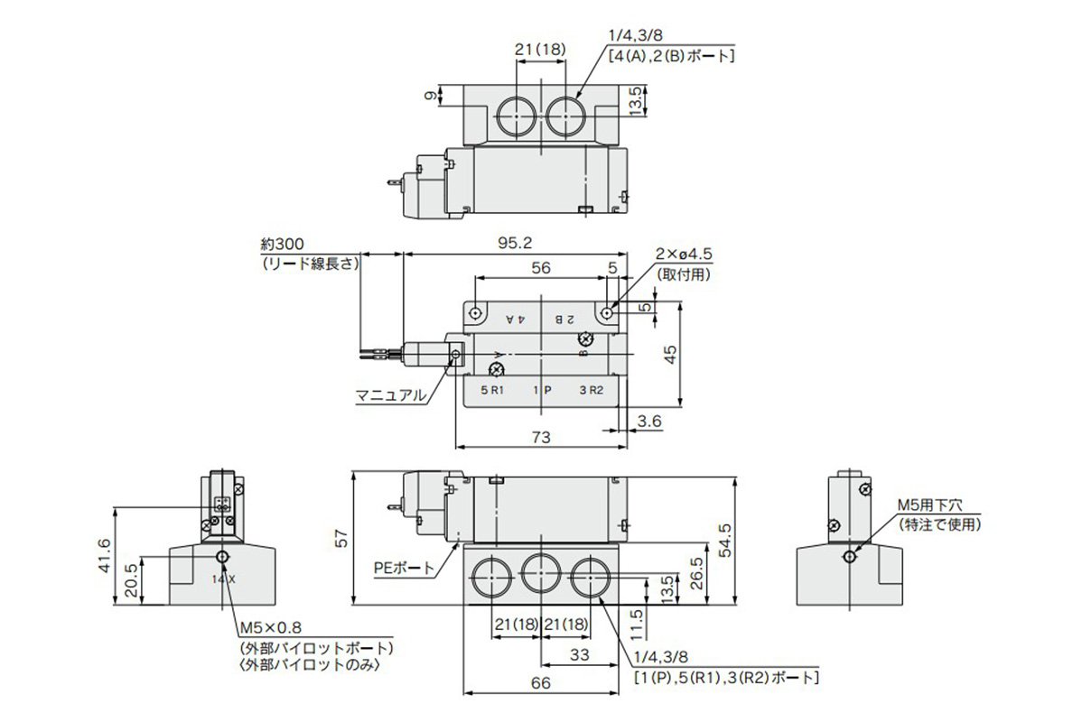 2 position single / grommet (G): VQZ3150 / 1 (R)-□G□1-02 / 03 dimensional drawing