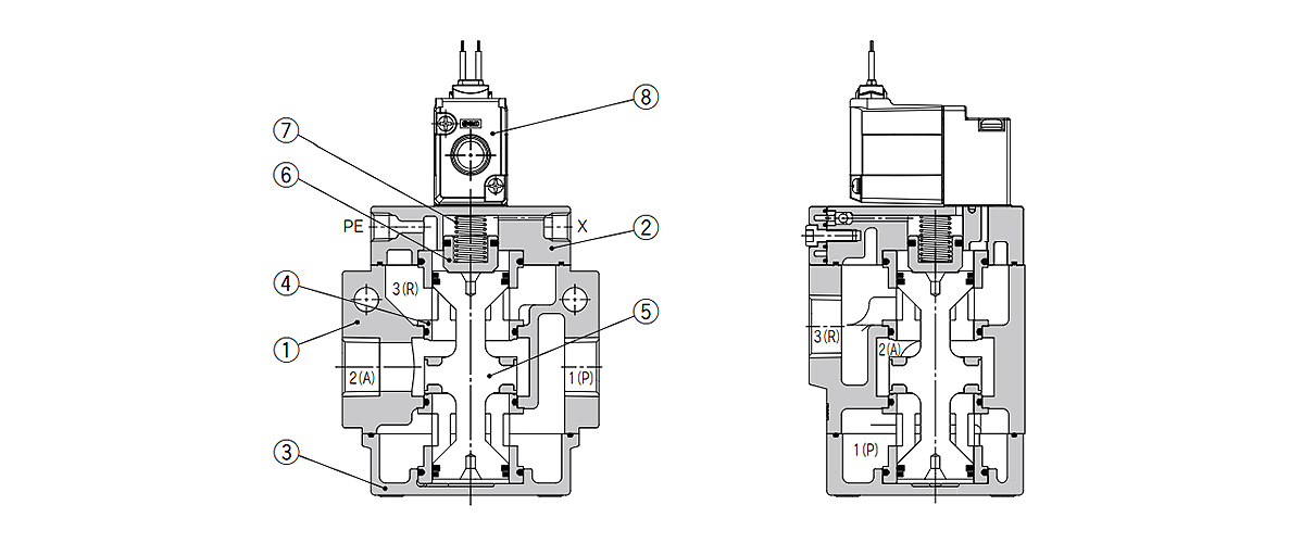 3-Port Solenoid Valve, Pilot Poppet Type, Rubber Seal VG342 Series structure drawing
