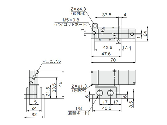 3 position closed center / exhaust center / pressure center: SYJA53/4/5/40-01 dimensional drawing