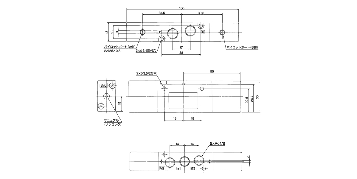 3 position closed center: VZA4321-01 / 3 position exhaust center: VZA4421-01 dimensional drawing