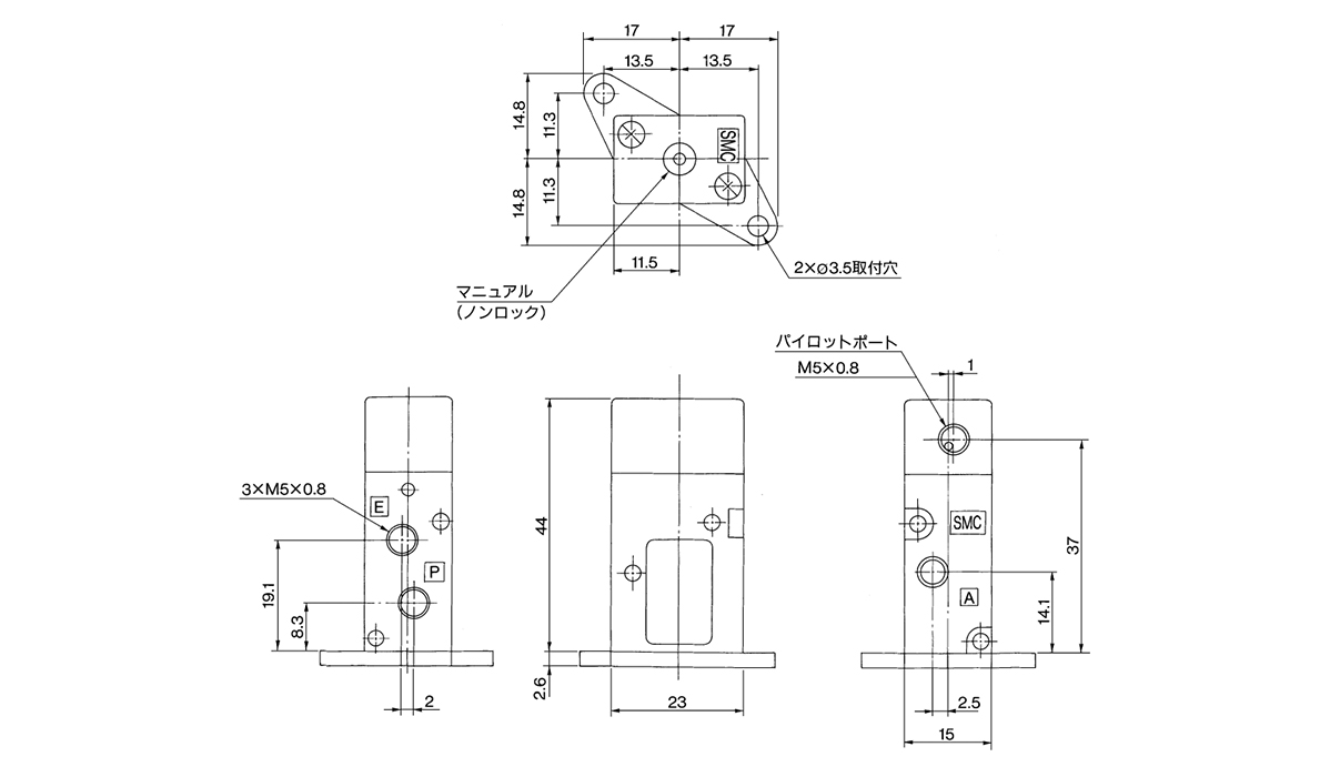 Body ported type with bracket: VZA2□2-P-M5-F dimensional drawing