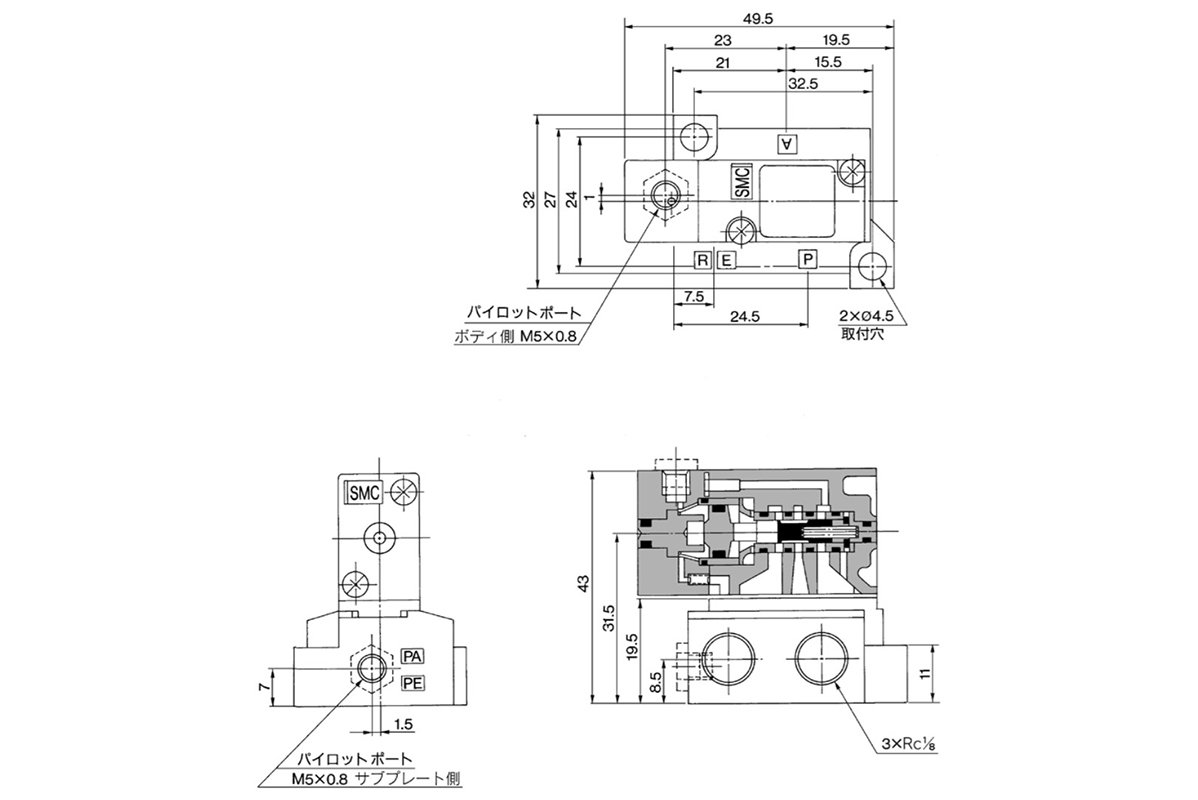 Base Mounted Type: VZA2□4-□-01 dimensional drawing