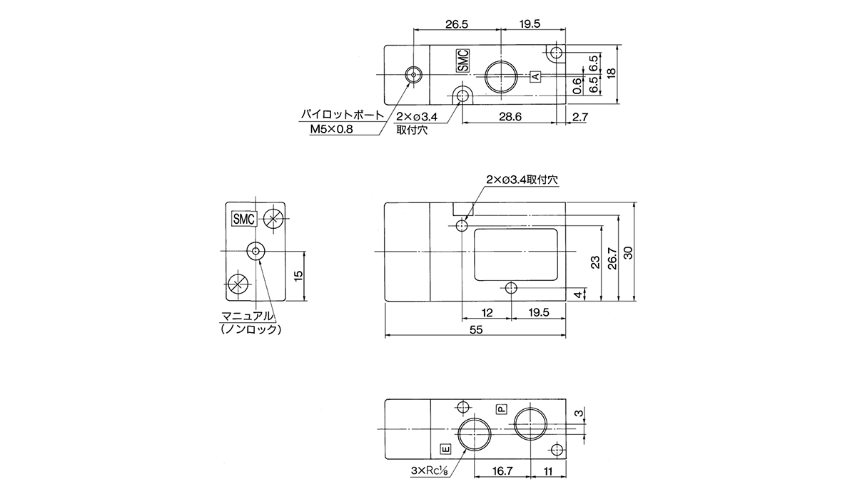 Body ported type: VZA4□2-P-01 dimensional drawing