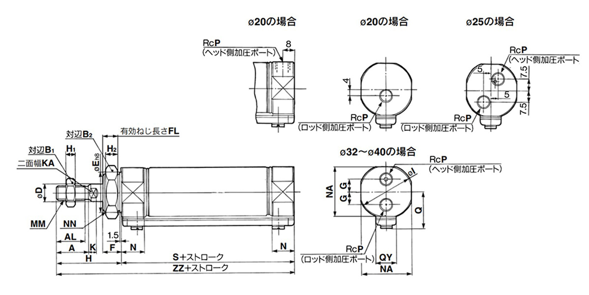 Dimensional drawings: basic (B) / (bore size P - stroke)