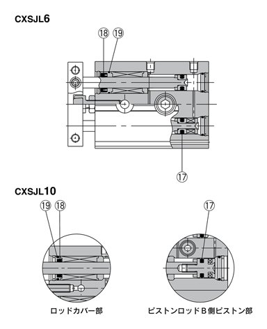 Structural drawing of Dual Rod Cylinder CXS Series, seal set CXSJL (ball bushing bearing) type