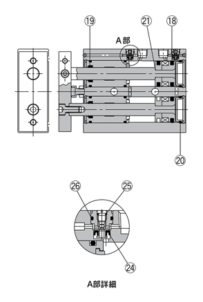 Structural drawing of Dual Rod Cylinder CXS Series seal set CXSM / type with air cushion