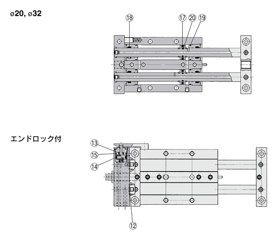 Structural drawing of slide unit, CX Series, seal set, CXWM type ø20, ø32