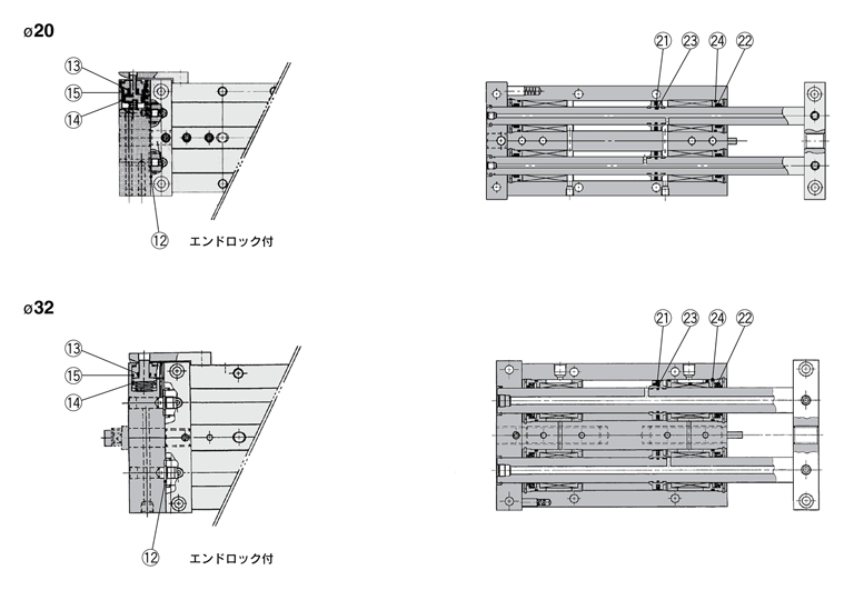 Structural drawing of slide unit, CX Series, seal set, CXWL type ø20, ø32