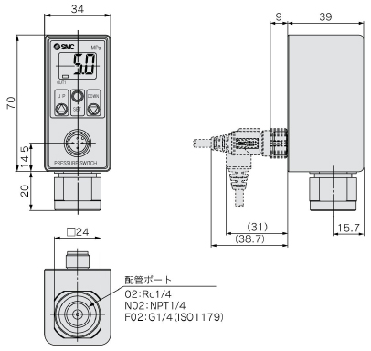2-color display type, digital pressure switch, for general fluids, ISE75H series, ISE75H drawing
