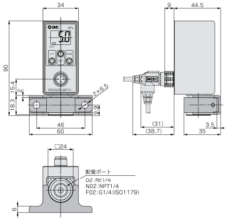 2-color display type, digital pressure switch, for general fluids, ISE75H series, bracket mounting drawing