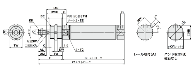 Air cylinder, standard type, double acting single rod, C75 series, drawing 2