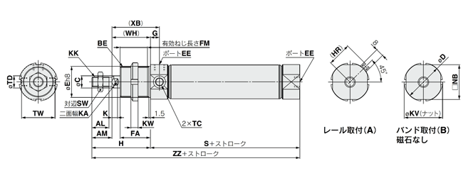 Air cylinder, standard type, double acting single rod, C75 series, drawing 3