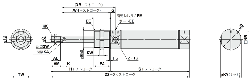 Air cylinder, standard type, single acting, spring return/extend, C75 series, drawing 4