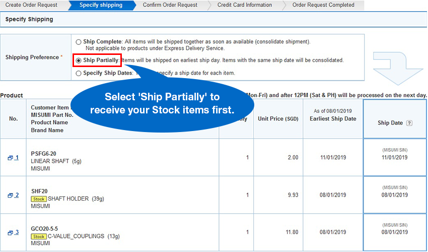 Select 'Ship Partially' to receive your Stock items first.
